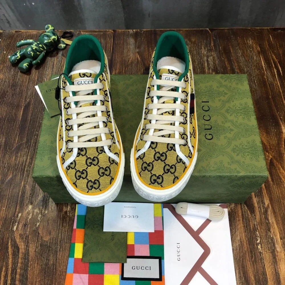 Gucci Yellow GG Canvas Sneakers with Green Trim and Red-Blue Web